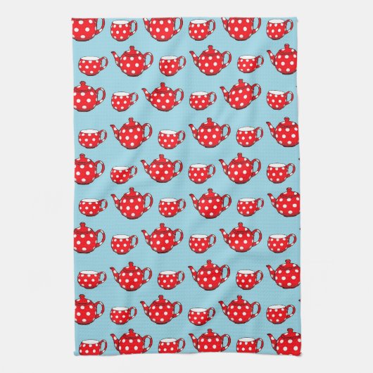 Spotty Red Teapot and Cups Pattern  Theedoek (Verticaal)