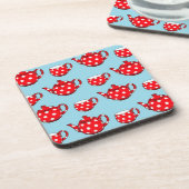 Spotty Red Teapot en Cups Blue Pattern Bier Onderzetter (Linkerzijde)