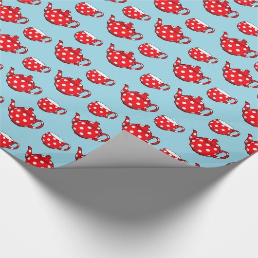 Spotty Red Teapot en Cups Blue Pattern Cadeaupapier (Hoek)
