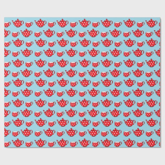Spotty Red Teapot en Cups Blue Pattern Cadeaupapier (Vlak)