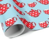 Spotty Red Teapot en Cups Blue Pattern Cadeaupapier (Rol Hoek)
