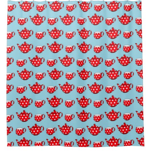 Spotty Red Teapot en Cups Blue Pattern Douchegordijn (Voorkant)