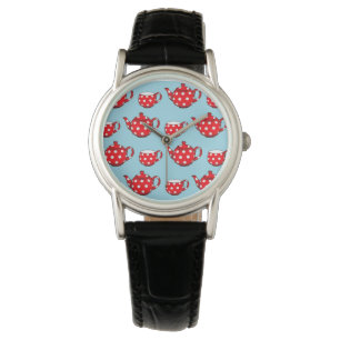 Spotty Red Teapot en Cups Blue Pattern Horloge