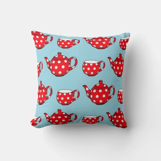 Spotty Red Teapot en Cups Blue Pattern Kussen (Voorkant)