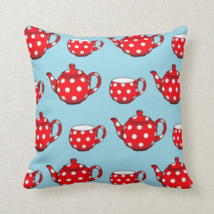 Spotty Red Teapot en Cups Blue Pattern Kussen