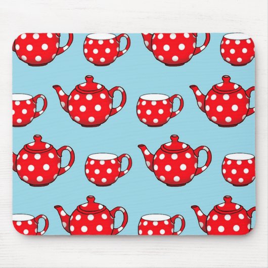 Spotty Red Teapot en Cups Blue Pattern Muismat (Voorkant)