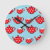 Spotty Red Teapot en Cups Blue Pattern Ronde Klok (Voorkant)