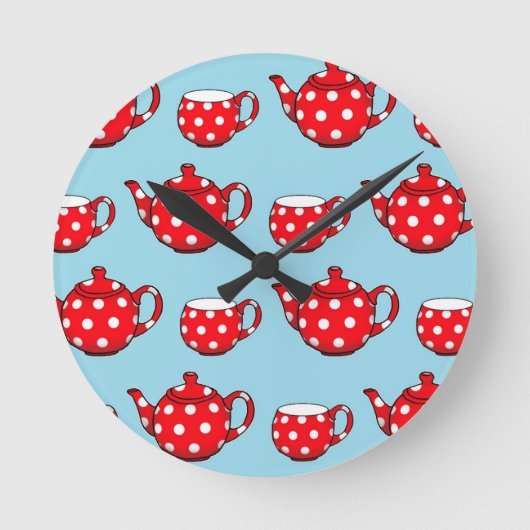 Spotty Red Teapot en Cups Blue Pattern Ronde Klok (Voorkant)