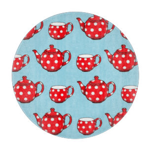 Spotty Red Teapot en Cups Blue Pattern Snijplank