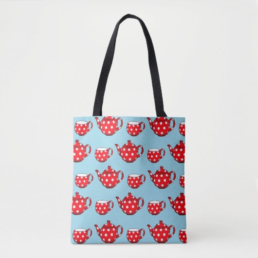 Spotty Red Teapot en Cups Blue Pattern Tote Bag (Voorkant)
