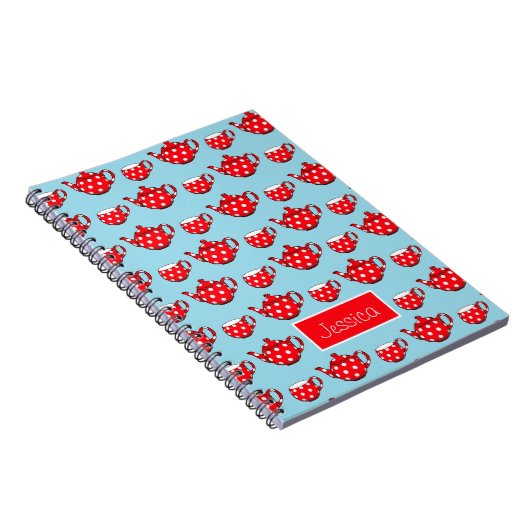 Spotty Red Teapot en Cups Pattern Personalized Notitieboek (Rechterzijde)