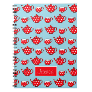 Spotty Red Teapot en Cups Pattern Personalized Notitieboek