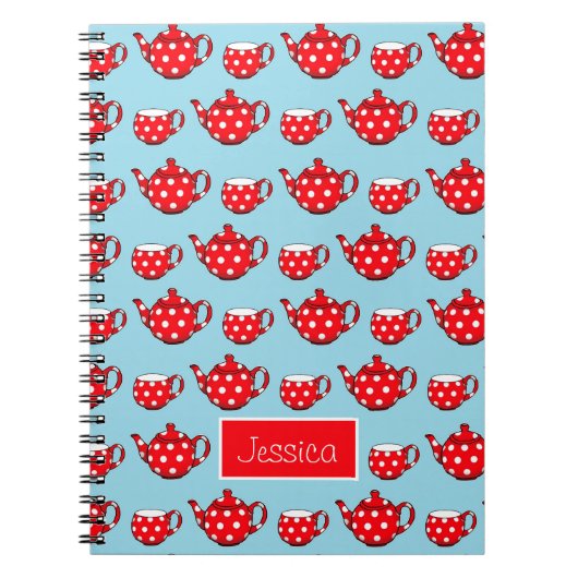Spotty Red Teapot en Cups Pattern Personalized Notitieboek (Voorkant)