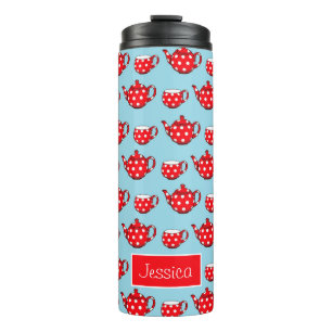 Spotty Red Teapot en Cups Pattern Personalized Thermosbeker