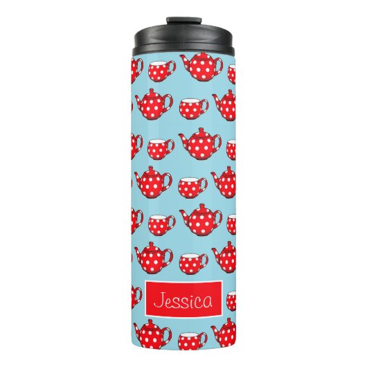 Spotty Red Teapot en Cups Pattern Personalized Thermosbeker (Voorkant)