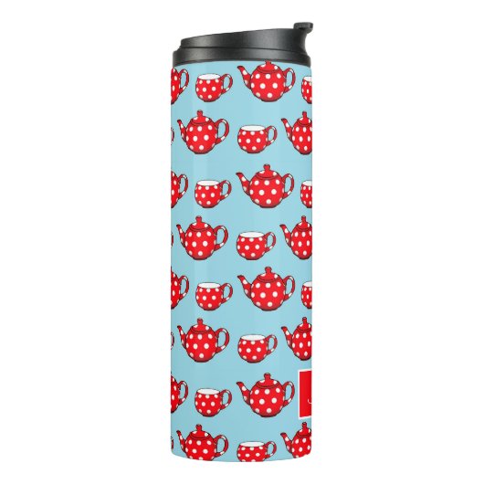 Spotty Red Teapot en Cups Pattern Personalized Thermosbeker (Gedraaid links)