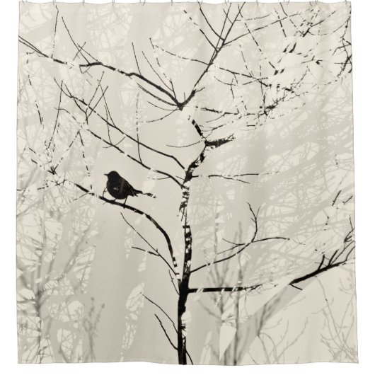 Spotvogel in Tree Light Cream Charcoal Black Douchegordijn (Voorkant)