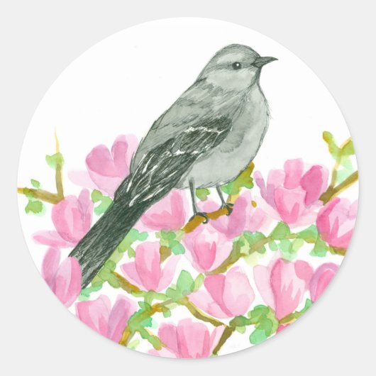 Spotvogel Roze Magnolia Waterverf Ronde Sticker (Voorkant)