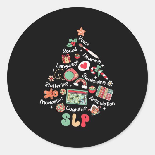 Spraaktherapie Kerstboom Merry Xmas Slp Thera Ronde Sticker (Voorkant)