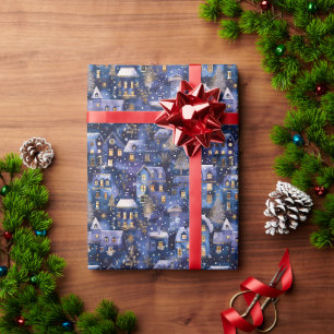 Sprankelend blauw kerstdorp met besneeuwde bomen cadeaupapier