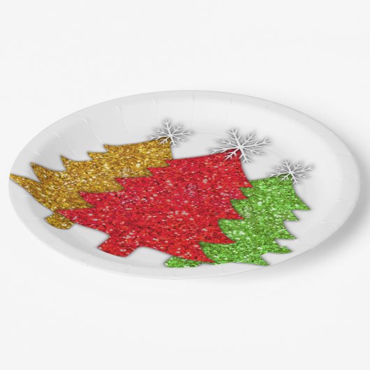 Sprankelend rood goud groen kerstboom sneeuwvlok papieren bordje (Gekanteld)