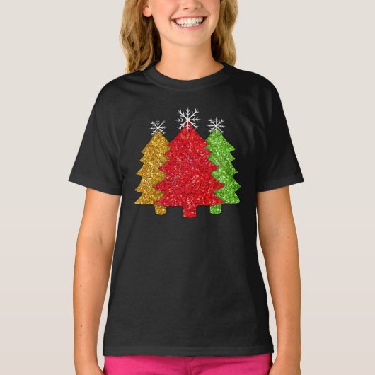 Sprankelend rood goud groen kerstboom sneeuwvlok t-shirt (Voorkant)