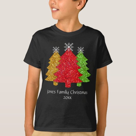 Sprankelend rood goud groen kerstboom sneeuwvlok t-shirt (Voorkant)