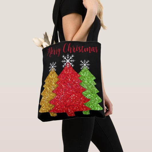 Sprankelend rood goud groen kerstboom sneeuwvlok tote bag (Dichtbij)