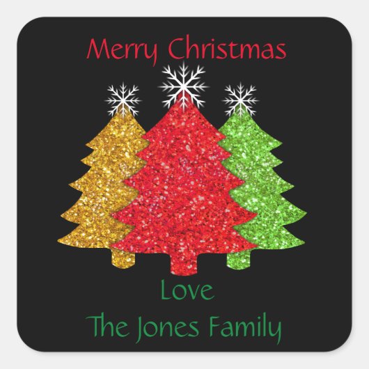 Sprankelend rood goud groen kerstboom sneeuwvlok vierkante sticker (Voorkant)
