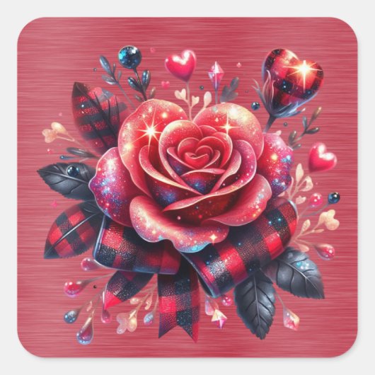 Sprankelend rood Rose Plaid lint Vierkante Sticker (Voorkant)