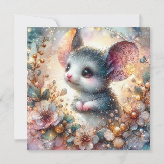 Sprankelende Bloemen Pastel Springtime Mouse Pasen Feestdagenkaart (Voorkant)