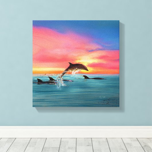 Sprankelende dolfijnen strand zonsondergang canvas afdruk (Insitu (Houten vloer))