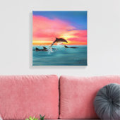 Sprankelende dolfijnen strand zonsondergang canvas afdruk (Insitu (Woonkamer))
