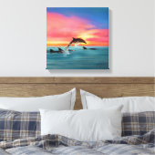 Sprankelende dolfijnen strand zonsondergang canvas afdruk (Insitu (Slaapkamer))