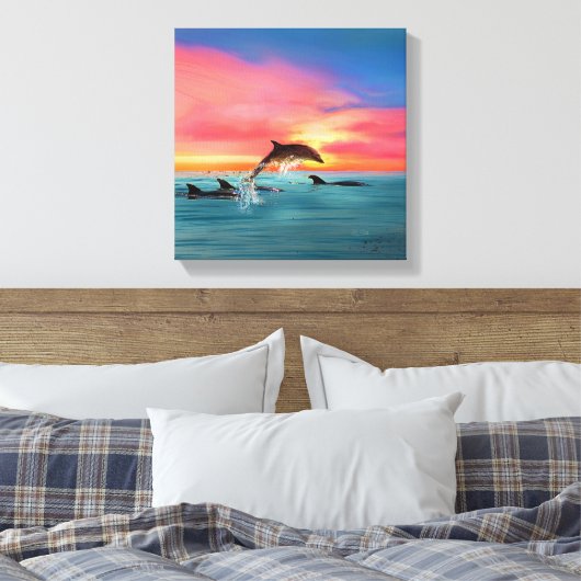Sprankelende dolfijnen strand zonsondergang canvas afdruk (Insitu (Slaapkamer))