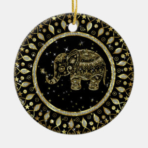 Sprankelende gouden olifant met gouden lijst keramisch ornament
