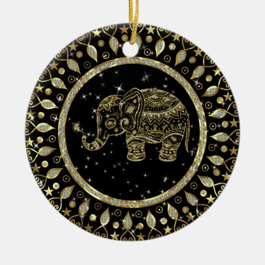 Sprankelende gouden olifant met gouden lijst keramisch ornament (Voorkant)