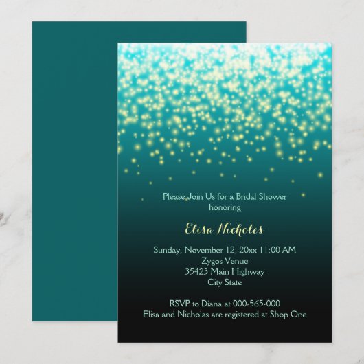 Sprankelende lichten blauwgroen, aqua bruiloft vri kaart (Voorkant / Achterkant)