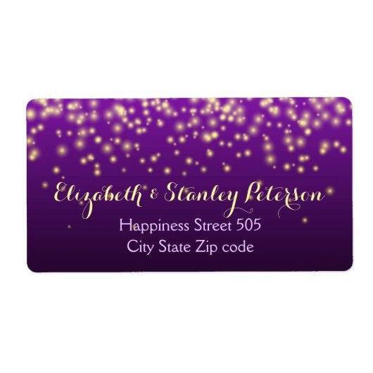 Sprankelende lichten in de lucht paarse bruiloft etiket (Voorkant)