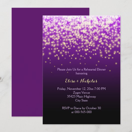 Sprankelende lichten paarse bruiloft repetitie din kaart (Voorkant / Achterkant)