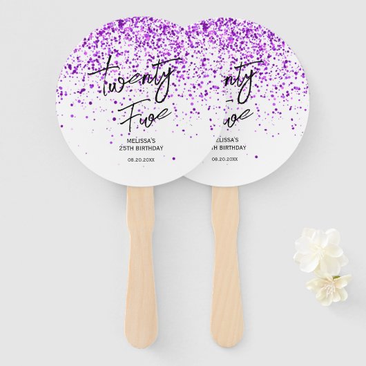 Sprankelende Paarse glitter wit elke leeftijd Verj Handwaaier (Voorkant en achterkant)