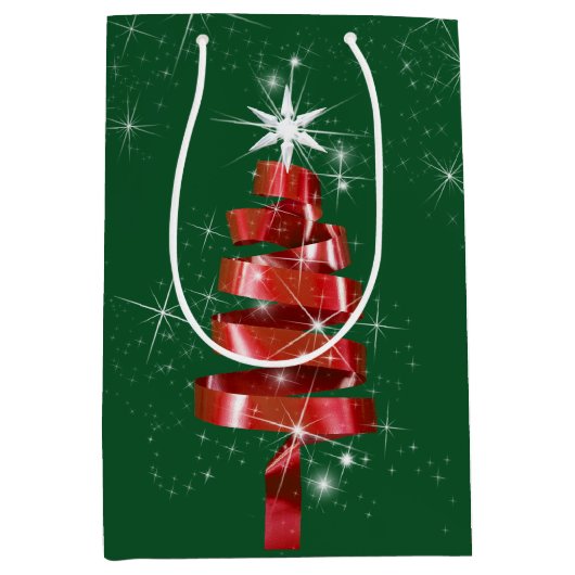 Sprankelende rode lint kerstboom medium cadeauzakje (Voorkant)