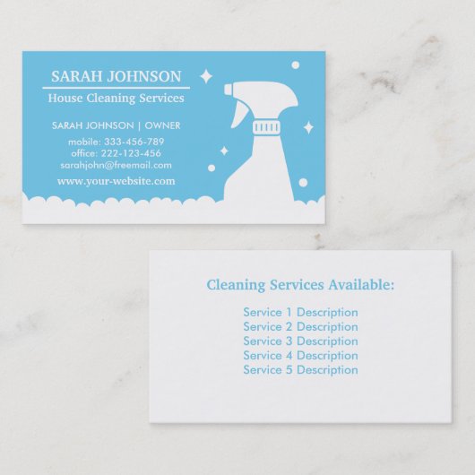  Spray Bottle House Cleaning Service Blue Visitekaartje (Voorkant / Achterkant)