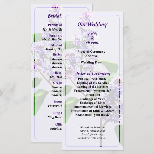 Spray of Lilacs Wedding Programme Programmakaart (Voorkant / Achterkant)