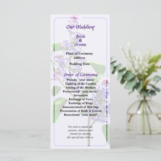 Spray of Lilacs Wedding Programme Programmakaart (Staand voorkant)