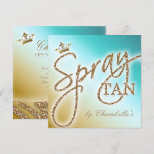 Spray Tan Gold Glitter Crown Salon Invitation Kaart