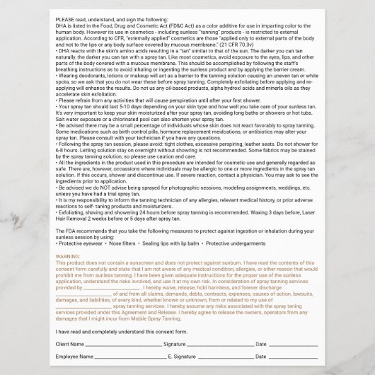 Spray Tan Liability het Formulier van de Vrijstell Flyer (Achterkant)
