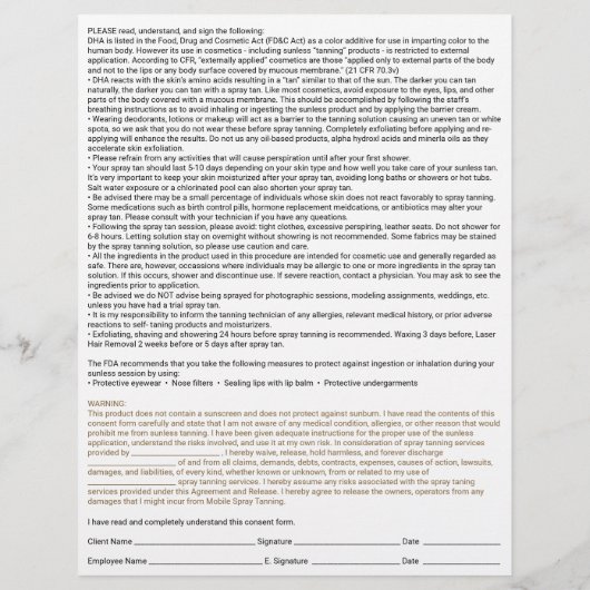 Spray Tan Liability Waiver Form Flyer (Achterkant)