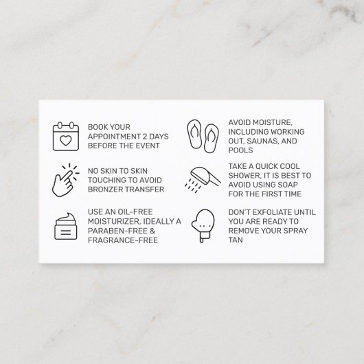 Spray Tan Nastruction Card Visitekaartje (Achterkant)