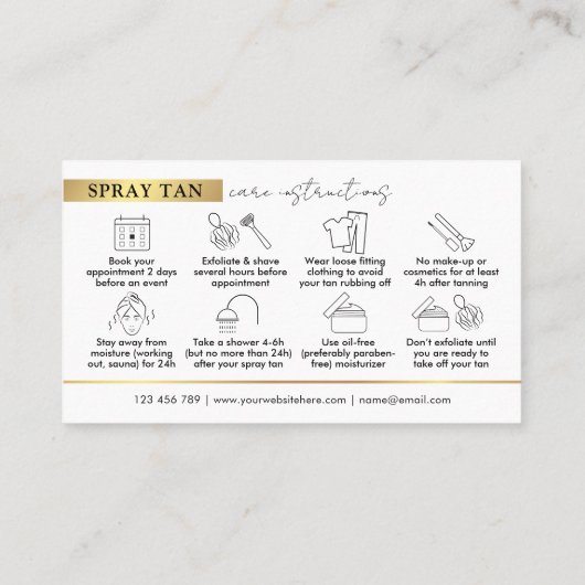 Spray Tan Nazorg Guide Modern Zwart & Goud Visitekaartje (Achterkant)